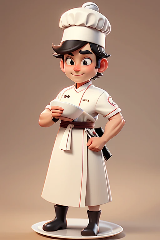 A 3d cartoon chef with a white hat and red sash holds a steaming sushi on a plate, standing against a plain beige background. The atmosphere is warm and inviting, with soft lighting highlighting the details of the food and the chefs uniform.