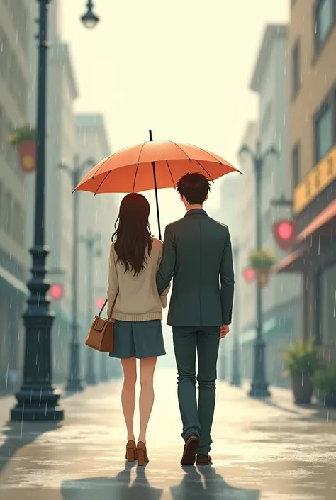 Couple walking balk view under umbrella animation illustration