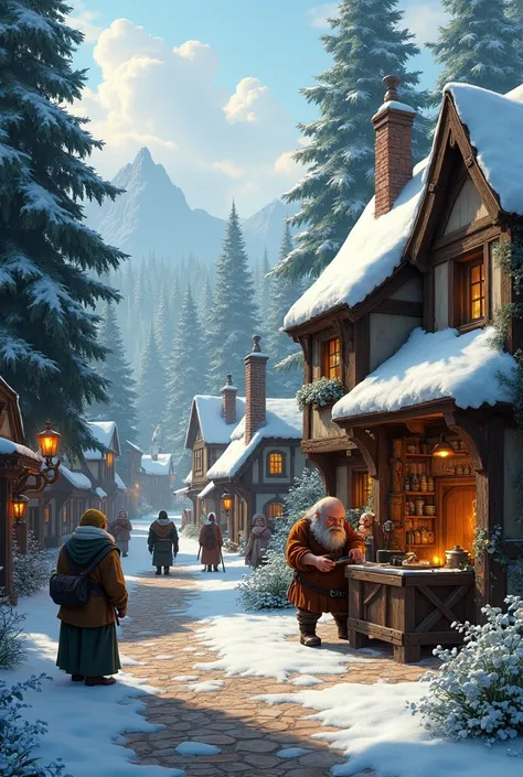 make a small village in a snowy forest . a medieval tavern .a medieval dwarf hitting an anvil in front of a medieval smithy and some people passing by in the street wearing old medieval clothes