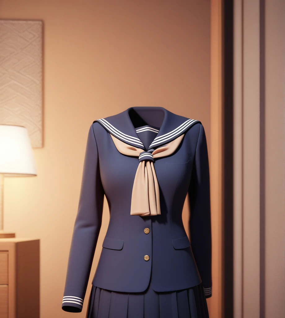 "a detailed 3d rendering of a sailor japanese school uniform floating without a body. the outfit includes a navy blue pleated sk...