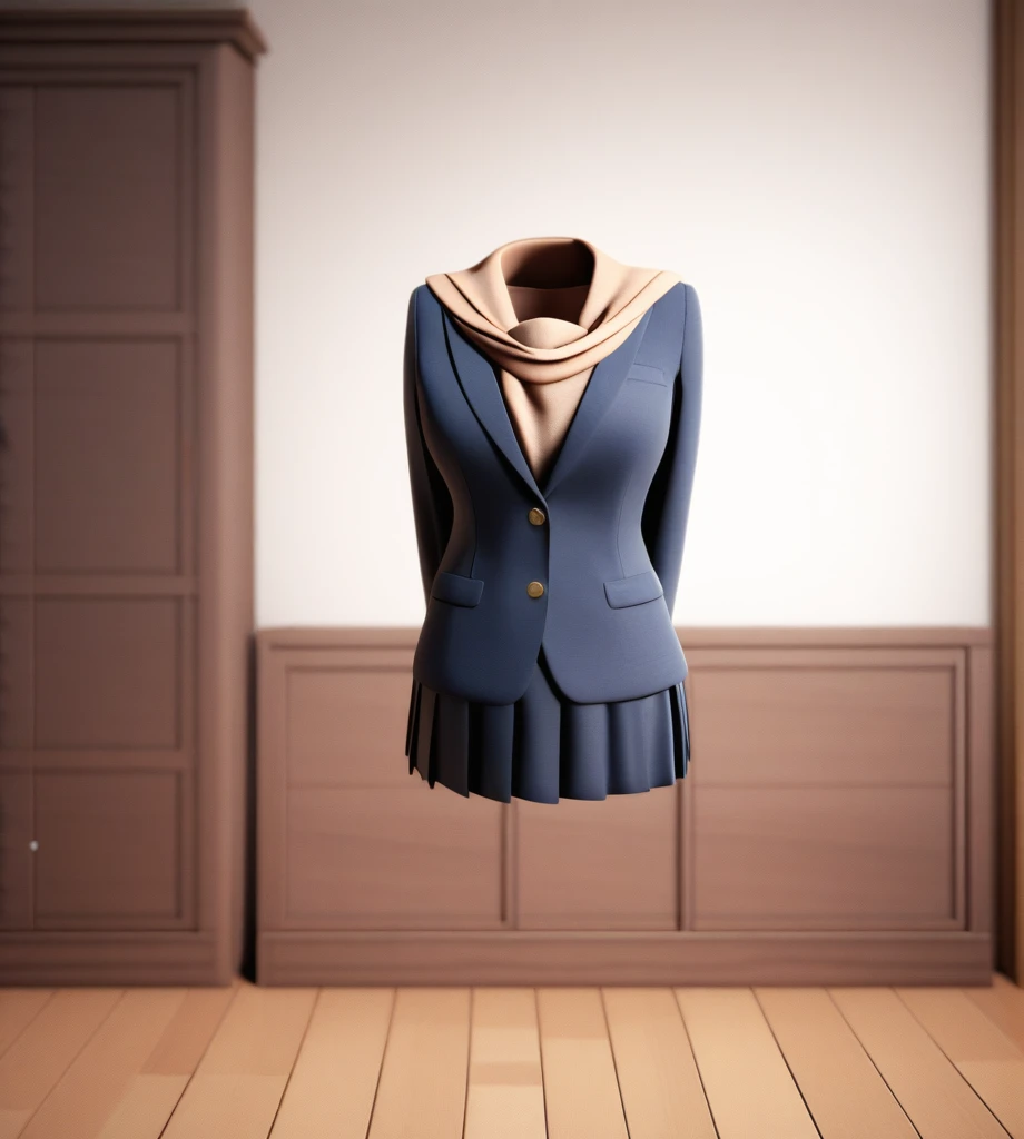 "A detailed 3D rendering of a sailor Japanese school uniform floating without a body. The outfit includes a navy blue pleated skirt and a matching blazer with a sailor collar, big boob,accented by a beige scarf tied at the chest. The scene is set in a cozy...