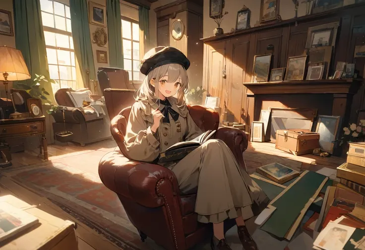 ((Best Quality))、((excellent))、(detailed)、8k、「In a cozy living room filled with warm, nostalgic light、A woman sits in an old-fashioned armchair、Holding a photo album。She is smiling and laughing at a funny memory。on the other hand、A curious cat with a misch...