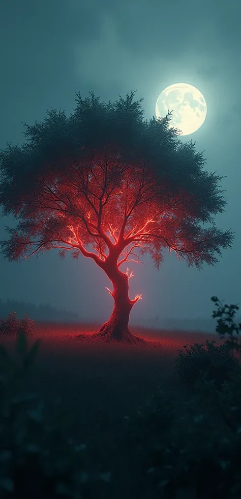 "A mysterious, moonlit scene with a tree standing at a slight distance from the viewer. The tree’s dark green leaves are shadowed, while its branches and smaller twigs glow softly in a luminous red, as if illuminated from within. Pale moonlight filters thr...