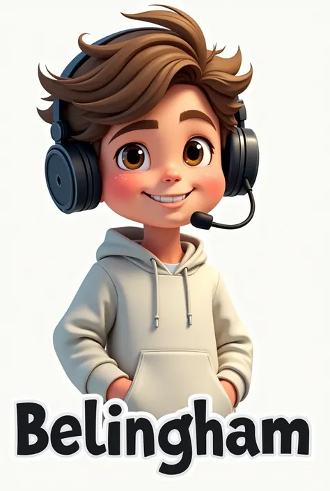 Create a mascot logo where the mascot is a gamer boy with a white sweatshirt, black headphones, brown eyes and the name Bellingham below.