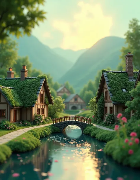 miniature, digital art, cinematic compose, a peaceful tiny village under glovers, small houses cover in greens, ray of sunlight, small stone road, small river with flower petals flowing, small stone bridge, greeny 