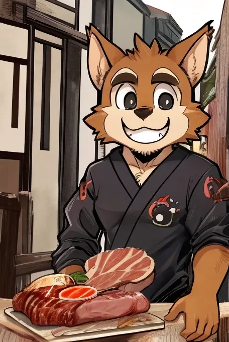 comics、Japanese Manga、会話comics、 The scene where they talk about meat、Comical werewolf in a long-sleeved black shirt、Right in front of you、A delicious looking cartoon of meat appears、Happy Face、smile、cute、Use colors to draw the meat