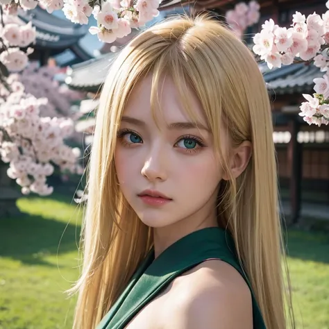 1girl, Blonde, Hair, Green, Eyes, Sakura, Japan