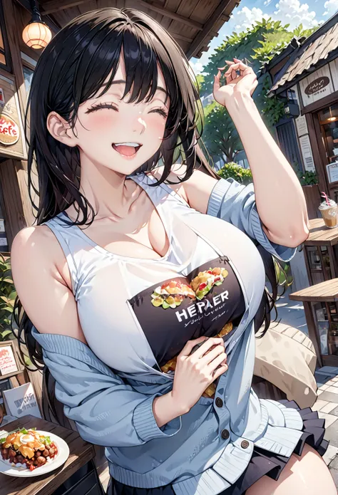 Eat lunch at a cafe、thin、cute、One Woman、smile、(Tank top cardigan、mini skirt)、Large Breasts、Close your eyes and open your mouth wide to laugh、Long Black Hair、High resolution, Anatomically correct, Best Quality, Ultra high definition, Textured skin, High res...