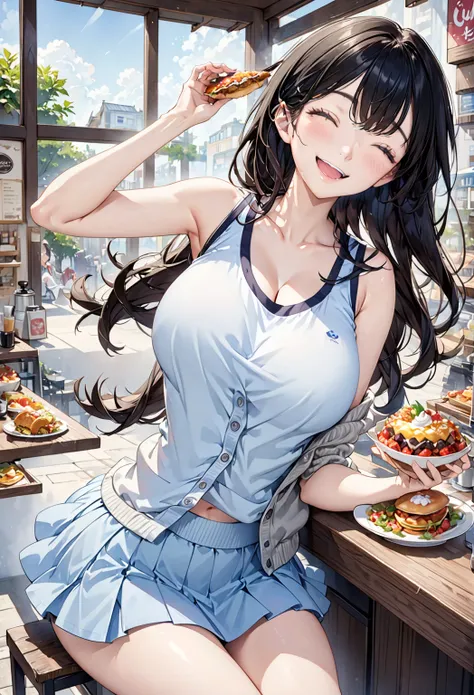 Eat lunch at a cafe、thin、cute、One Woman、smile、(Tank top cardigan、mini skirt)、Large Breasts、Close your eyes and open your mouth wide to laugh、Long Black Hair、High resolution, Anatomically correct, Best Quality, Ultra high definition, Textured skin, High res...