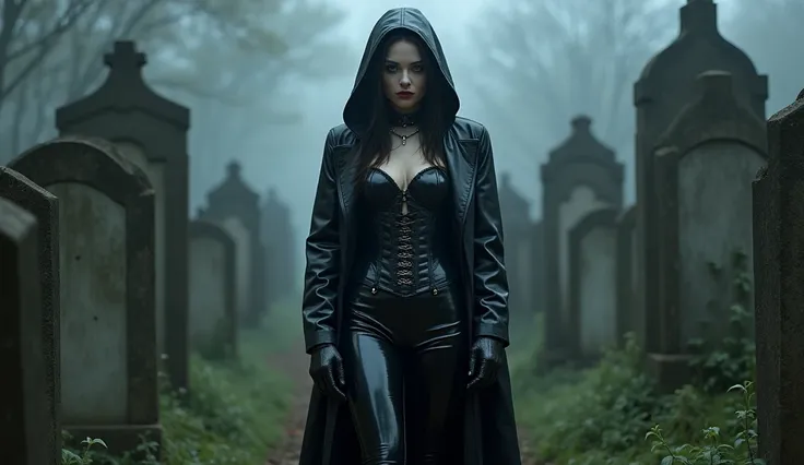 realistic nsfw porn photo , gothic woman standing , wearing black shinny pvc corset , shinny pvc pants , shinny pvc raincoat , wearing shinny pvc thigh high boots , in gothic graveyad