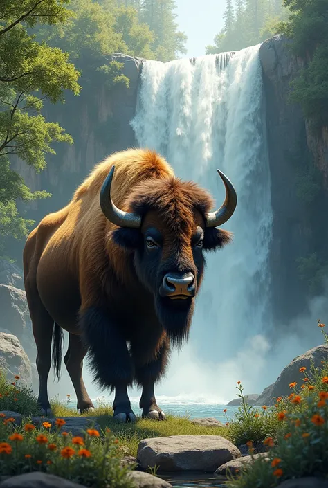 buffalo next to a waterfall in the countryside forest