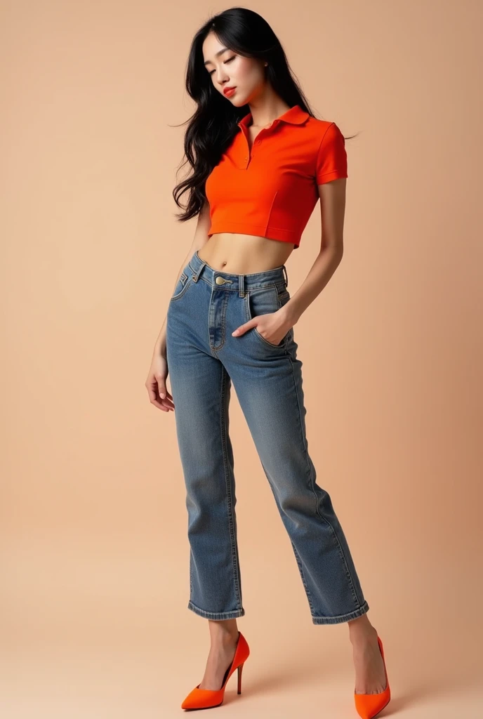 Bergaya photography,beautiful korean women,black hair,ideal body,solid chest,wearing a orange tight tennis polo,wearing tight red jeans,wearing orange high heels,blowing a kiss sideways,close eyes,best quality 8k hd,detail,photography, standing in full hei...