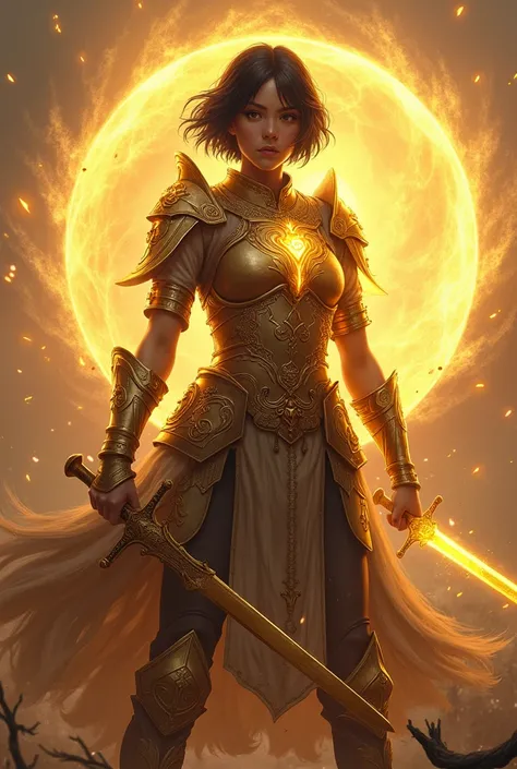 Women with short hair (Traditional) (White skin) Warrior holding ((gold) blackjack, (sword), Wear armor that fits well., เกราะสีgoldเรืองแสง, ((Glow Armor)) and Traditional white (Doti)light. Full-body shot on the battlefield. The sun is behind. ((long : 0...