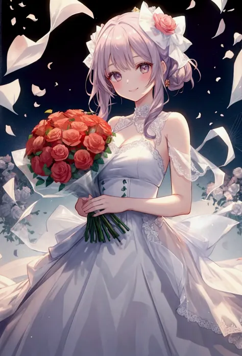 girl with a bouquet of roses in her hands, smiling