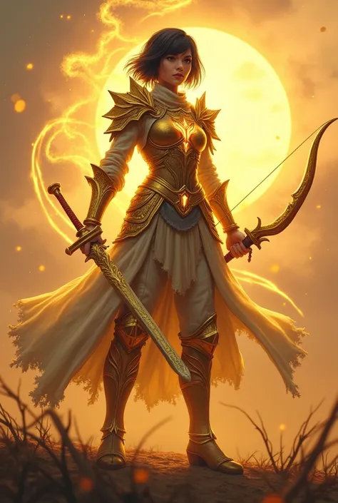 Women with short hair (Traditional) (White skin) Warrior holding ((gold) blackjack, (sword), Wear armor that fits well., เกราะสีgoldเรืองแสง, ((Glow Armor)) and Traditional white (Doti)light. Full-body shot on the battlefield. The sun is behind. ((long : 0...