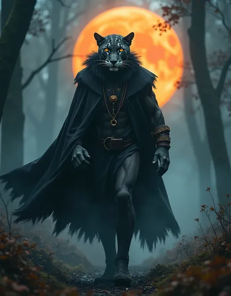 Witch, shaman, anthropomorphic, mixed with jaguar, half human; wrapped in his black shaman cloak; walking in the middle of the forest, in the darkness, fog, illuminated by a large orange full moon; masterpiece; UHD