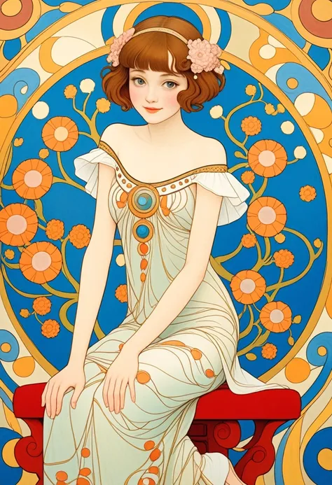 1 young girl, round face, little smile, very cute, happy, sitting, dance, enjoy, jumping, off shoulder clothes, Decolletage, Gustav Klimt: art-nouveau style, George Barbier: Art-Déco style, paul-klee: abstract style,