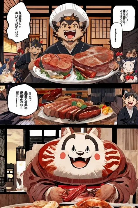 comics、Japanese Manga、 The scene where they talk about meat、Comical werewolf in a long-sleeved black shirt、Right in front of you、A delicious looking cartoon of meat appears、Happy Face、smile、cute、Use colors to draw the meat