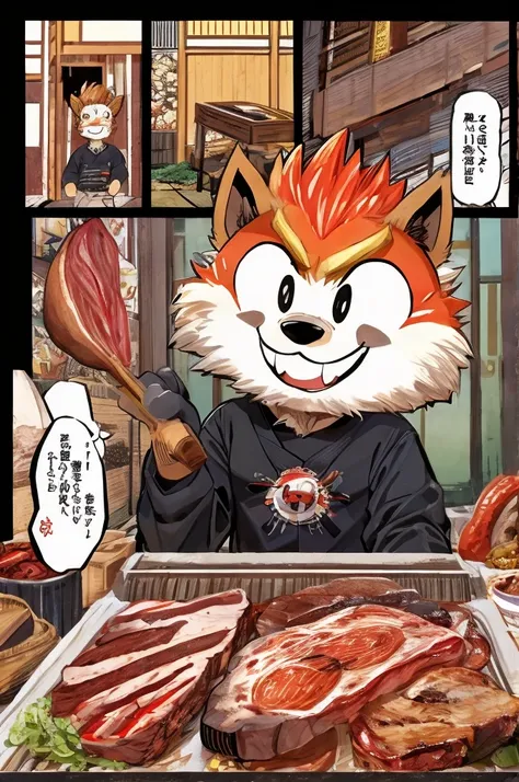 comics、Japanese Manga、 The scene where they talk about meat、Comical werewolf in a long-sleeved black shirt、Right in front of you、A delicious looking cartoon of meat appears、Happy Face、smile、cute、Use colors to draw the meat