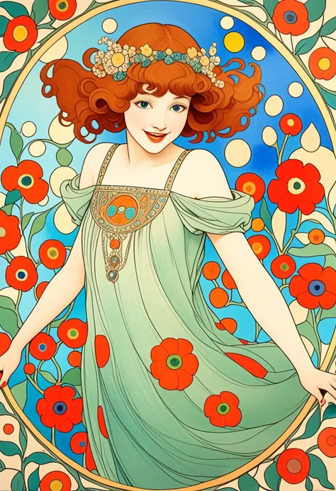 1 young girl, round face, smile, open mouth, very cute, happy, dance, enjoy, jumping, off shoulder clothes, Decolletage, Gustav Klimt: art-nouveau style, George Barbier: Art-Déco style, paul-klee: abstract style,