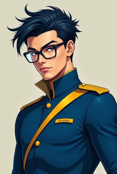 Indigo dyed black hair, Glasses, Blue and yellow uniform.　Handsome
