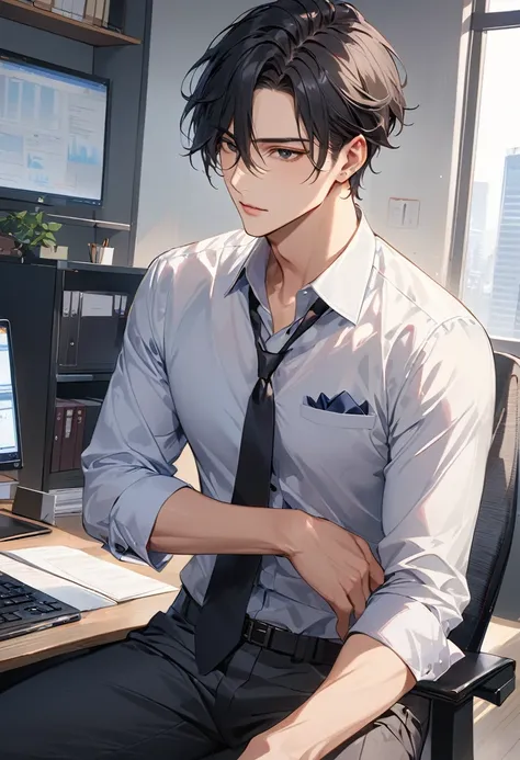 masterpiece), (best quality), (highly details), (8k resolution), (best quality),male、25歳のmale一人、office、suit、black hair、i&#39;m w...