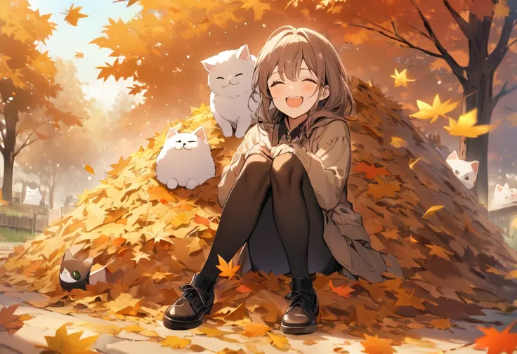 ((Best Quality))、((excellent))、(detailed)、8k、「A woman is raking fallen leaves in the garden、Comical autumn scene with the wind blowing leaves to the ground。The woman laughs and shakes her head in amusement.、Her fluffy cat、Like controlling the wind、Sitting ...