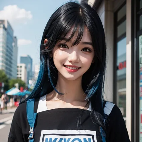 1girl, Black Hair, Blue Hair, Smile 