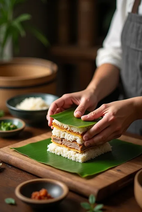 create a picture of someone making a square banh chung