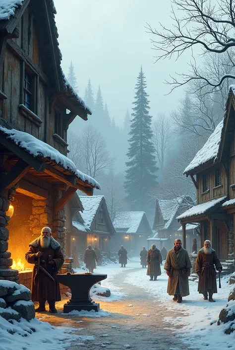 make the image as if the world were at war a small old village in the middle of ruins in a snowy forest . a medieval tavern .a medieval dwarf hitting an anvil in front of a medieval smithy and some people passing by in the street wearing old medieval cloth...