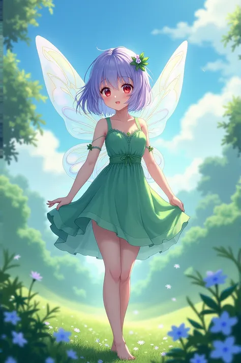 She is a pretty anime girl, she has red eyes, short lavender and light blue hair, she is half fairy and has a short green dress... 