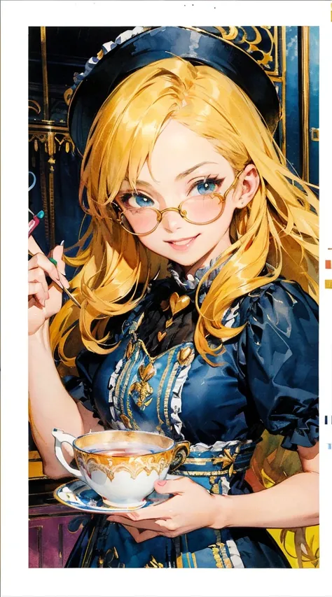 (((beautiful detailed)))(cute face:1.2)1girl, Rococo dress, Teacup tower, Heart Shaped Sunglasses, grin, smirk, rococo-style restaurant lit by colorful neon lights, Tea is poured from two teapots held in both hands from the top of the teacup tower, (sharp ...