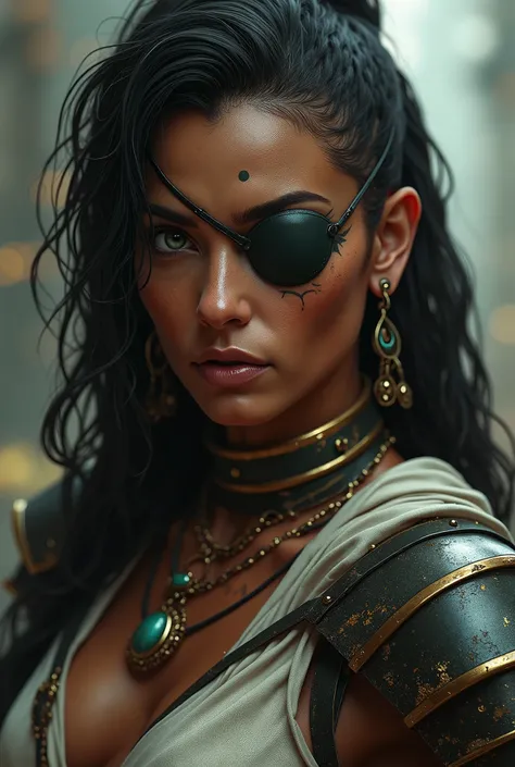 Realistic, High resolution, 1 Female, Mature Woman, alone, Hip Up, View the viewer, (Detailed face), tattoo, Samira (League of Legends), Eye patch, Earrings, Green Eyes, Braiding, Long Hair, Dark Skin, gloves, armor, belly button, bracelet, lips, Mole, Mol...