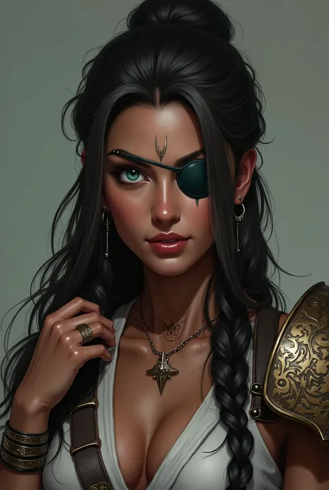 Realistic, High resolution, 1 Female, Mature Woman, alone, Hip Up, View the viewer, (Detailed face), tattoo, Samira (League of Legends), Eye patch, Earrings, Green Eyes, Braiding, Long Hair, Dark Skin, gloves, armor, belly button, bracelet, lips, Mole, Mol...