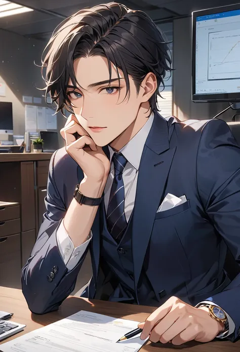 masterpiece), (best quality), (highly details), (8k resolution), (best quality),male、25歳のmale一人、office、suit、black hair、i&#39;m w...