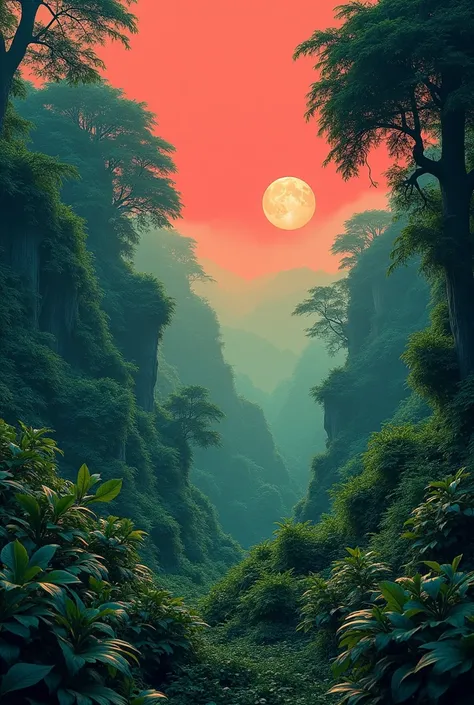 That it has more vegetation, more trees, and the moon is not visible as much and the red color is not so intense. 