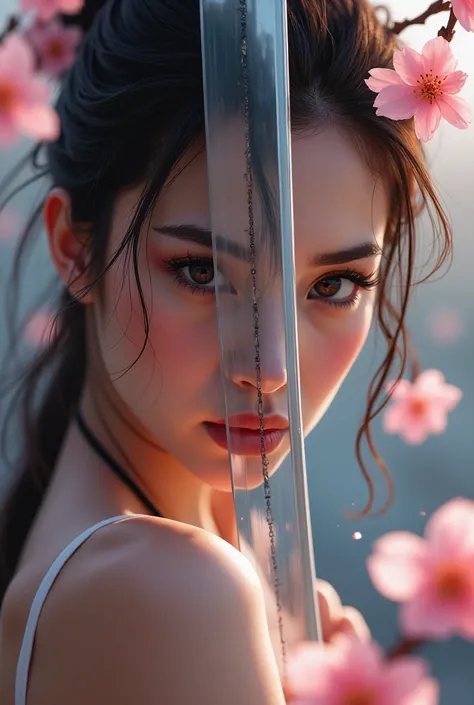 the reflection of a sexy woman, warrior, in a sensual pose, on the blade of a samurai sword, with white pearly handle, amidst cherry blossoms