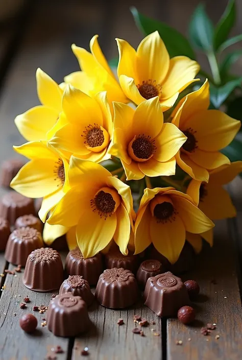 make a picture of a bouquet of yellow flowers made with silk fabric and chocolates on a wooden table