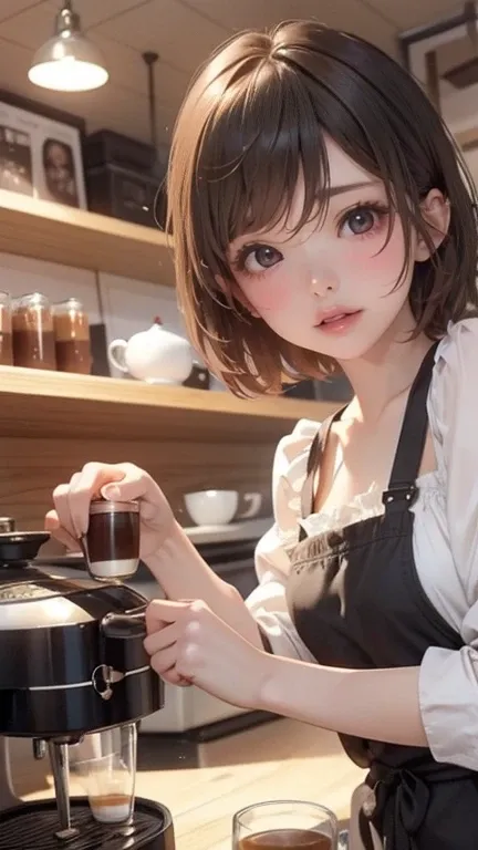 ，Ultra high quality，masterpiece，coffee女孩, actual, high quality, coffee shop, soft light, natural and real, coffee, short hair, customer, cat, Gospel, cat耳, cat耳s girl, Glasses girl, coffee, Large coffee machine,