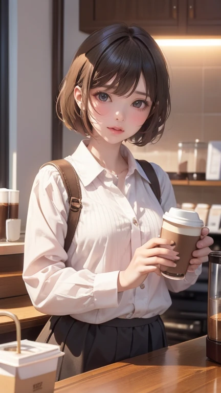 ，Ultra high quality，masterpiece，coffee女孩, actual, high quality, coffee shop, soft light, natural and real, coffee, short hair, customer, cat, Gospel, cat耳, cat耳s girl, Glasses girl, coffee, Large coffee machine,