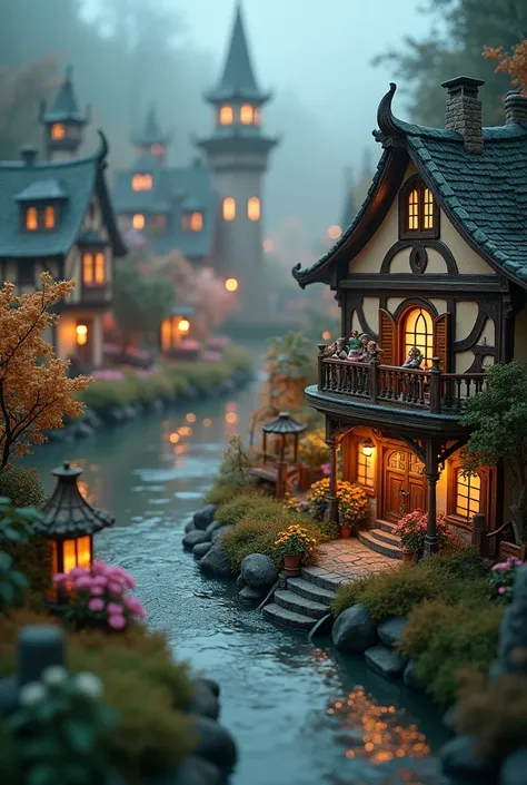 a miniature fantasy city, detailed cityscape, highly realistic, photorealistic, ultra-detailed, best quality, 8k, hyperrealistic, intricate architecture, whimsical buildings, fantastical structures, magical elements, glowing lights, flowing river with a sm...