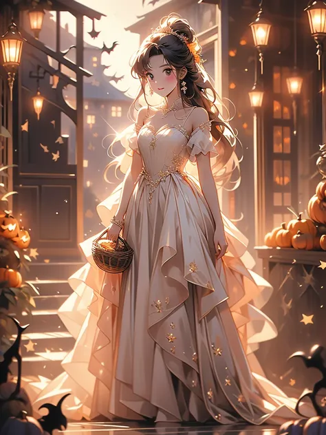 High image quality　High degree of thawing　8k　Halloween Dress　Virtual Dress　Girl wearing　Shiny and light long hair　Sparkling and Shining　Standing in full body　When I opened the front door　A wicker basket filled with scattered candies the size of hearts.　Han...