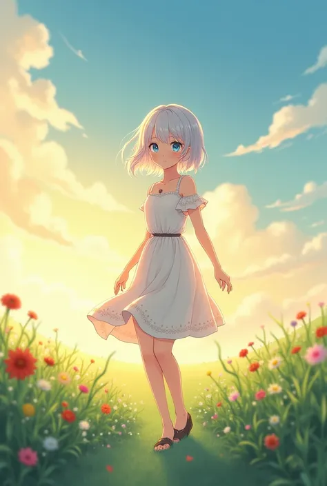 She is a pretty anime girl with short white hair and blue eyes. She wears a white dress with flowers and walks through the field at dusk. 