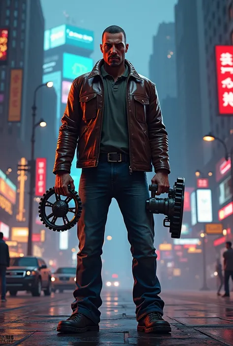 GTA game character with a gear in his hands