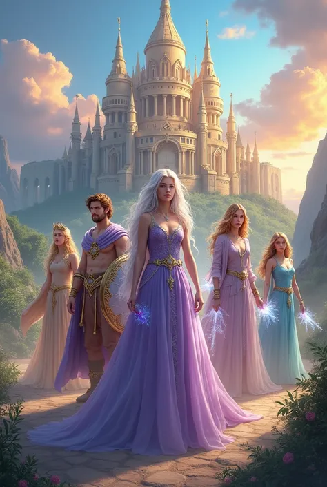 I want to put a real image for this story “the kingdom of Flória”, create an image for me with the character Ester, with a lilac dress and ice powers, a sama man character with the shield of light and a golden crown, other characters who are Esther&#39;s c...