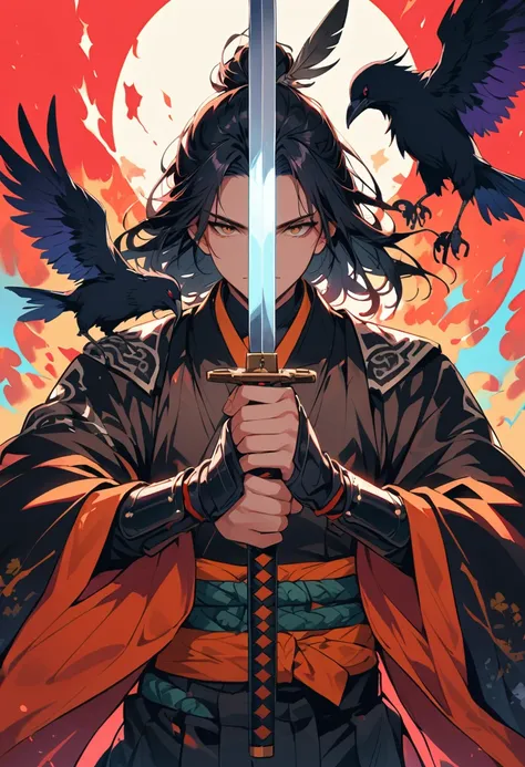 Male Ronin，Wearing a cloak, Swords in both hands,  aura, Wearing armour with crow feathers ，Upper Body，Focus on the face，