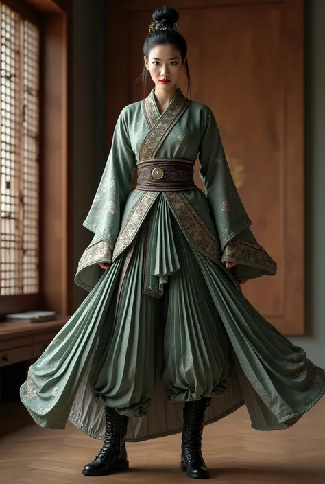 beautiful mature japanese female ninja warrior, fair skin, bun updo hairstyle, full grey green maroon flower prints patiala salwar, drop crotch salwar, pleated patiala salwar, intricate pleats, baggy patiala salwar, lots of volume, tall high heel boots, 34...