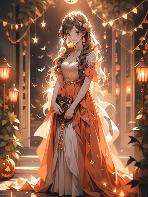 High image quality　High degree of thawing　8k　Halloween Dress　Virtual Dress　Girl wearing　Shiny and light long hair　Sparkling and Shining　Standing in full body　When I opened the front door　A wicker basket filled with scattered candies the size of hearts.　Han...