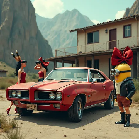 In front of a cheap looking hotel deep in the mountains, the headlight of a red Pontiac broke.、The frame is out of place. The Pontiac is broken. There is a Minion with a pompadour. There is also a girl with a ponytail. The Minion is wearing a leather jacke...