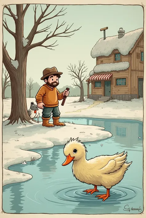 The Ugly Duckling found a small pond to stay in., But the water froze with him inside! A kind farmer found him and took him home., But the farmer&#39;s cat and hen also made fun of him.. When spring came, The Ugly Duckling Returned to the Lake.